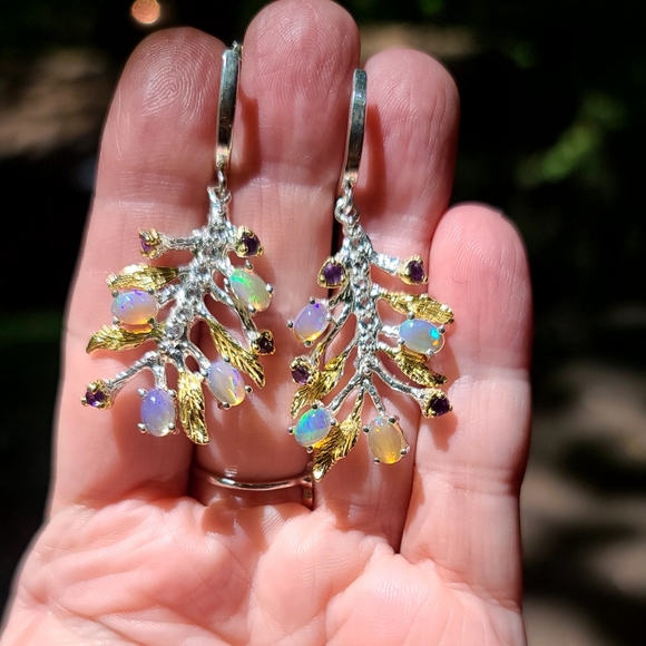 FIRE Opals 🔥 & Amethyst sterling fern earrings - Picture 5 of 7